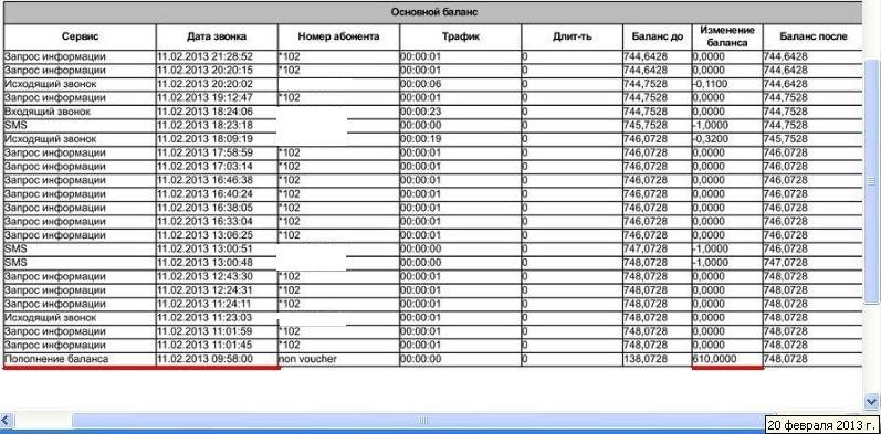 Детализация Билайн за 11.02.2013 г.